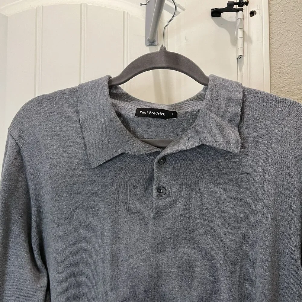 Paul Fredrick Shirt Mens Size L Gray Silk Cotton Cashmere Long Sleeve Polo
